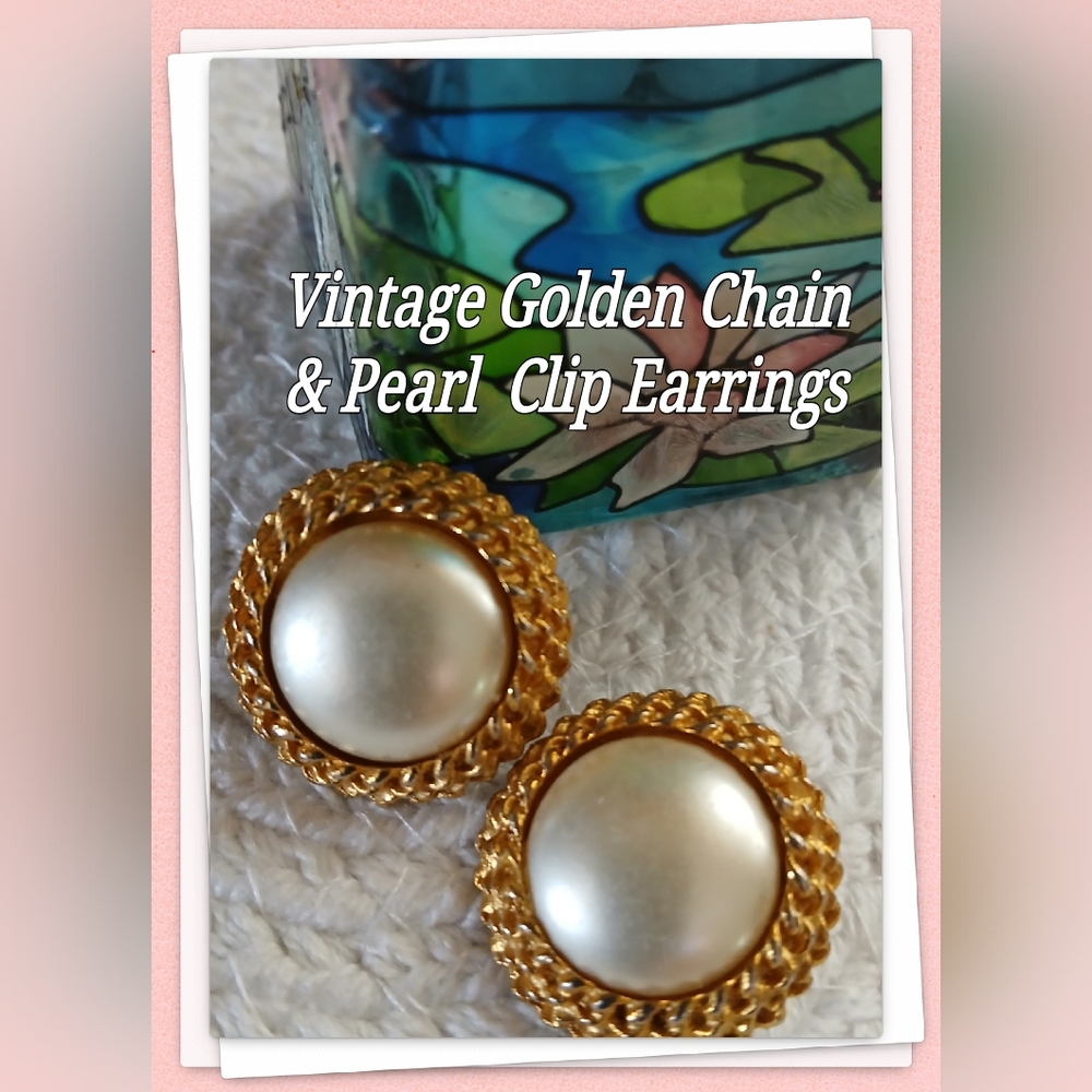 Vintage Elegant Golden Chain and Pearl Clip Earrings
